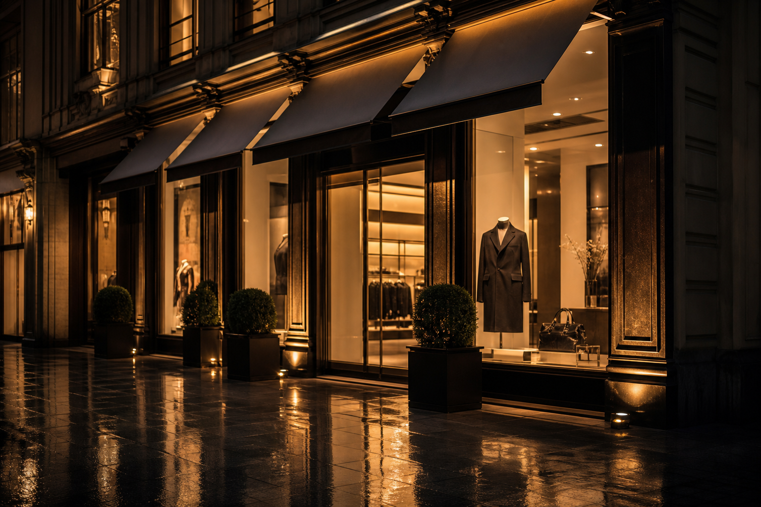 Boutique storefront at dusk